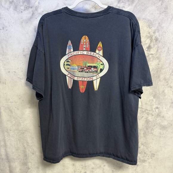 VTG Pacific Beach Fire Station T Shirt Mens XXL 26x26.5 Blue Short Sleeve Surf - Picture 2 of 14